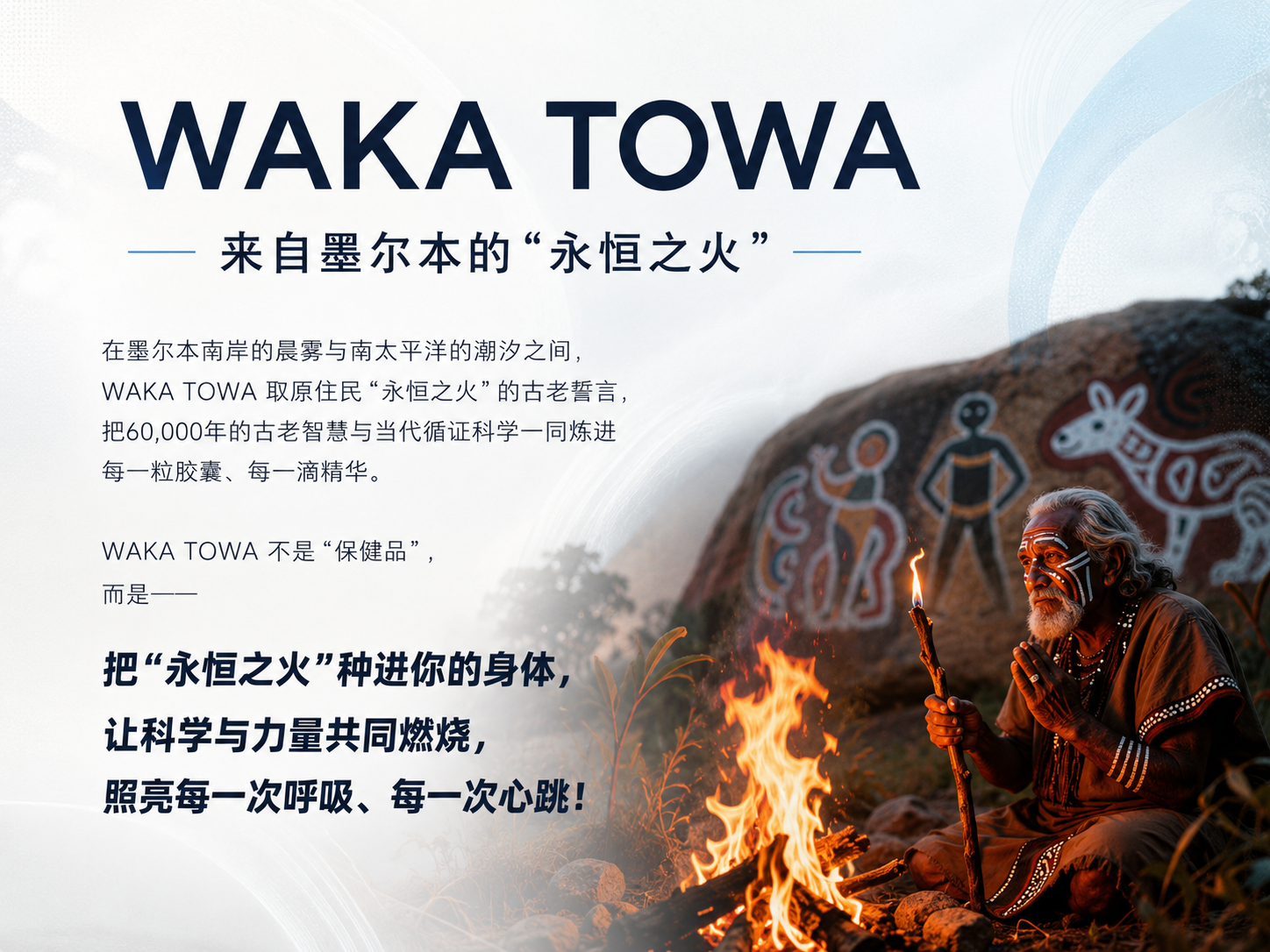 WAKA TOWA 品牌故事海报，展示来自墨尔本的永恒之火